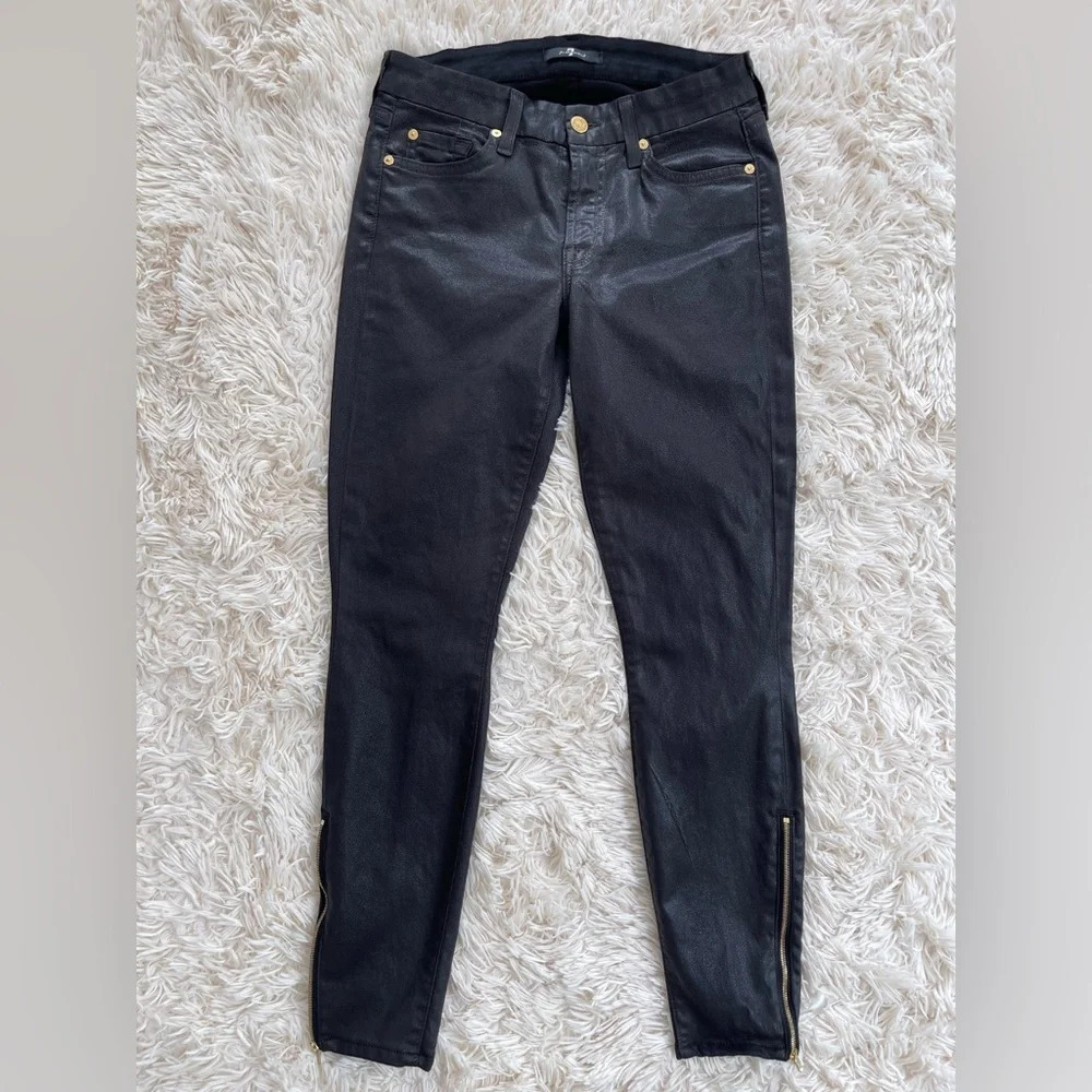 7 for all mankind cropped shimmering skinny jeans gold zip on the hem black 27